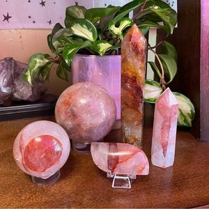 Fire Quartz Crystal Set - Spheres, Towers, and Palm Stone